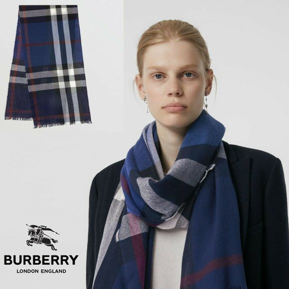 Burberry Accessories - BURBERRY Plaid Check Wool Cashmere Scarf Navy
